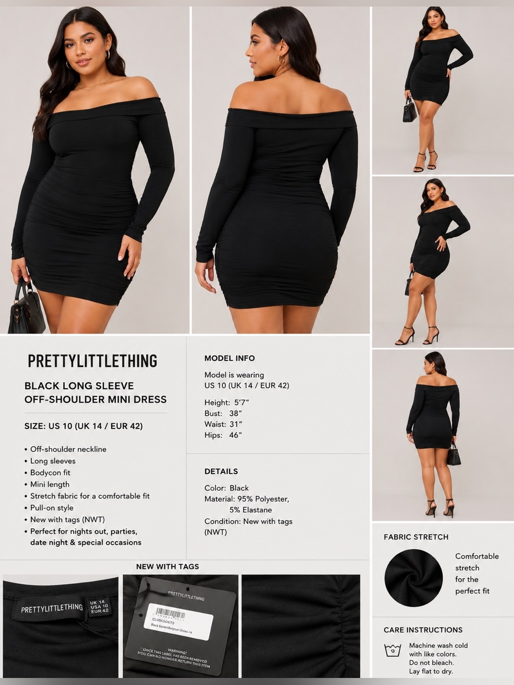 NWT PrettyLittleThing Black Long Sleeve Off Shoulder Bodycon Mini Dress Size 10